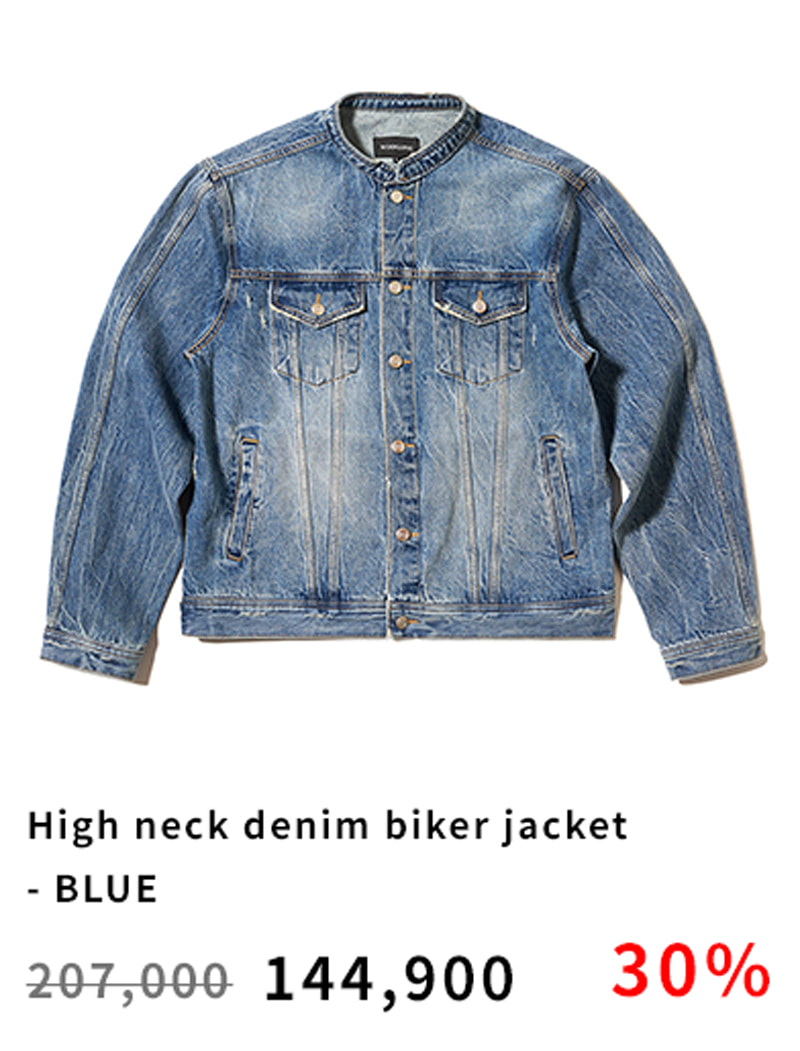 High neck denim biker jacket - BLUE