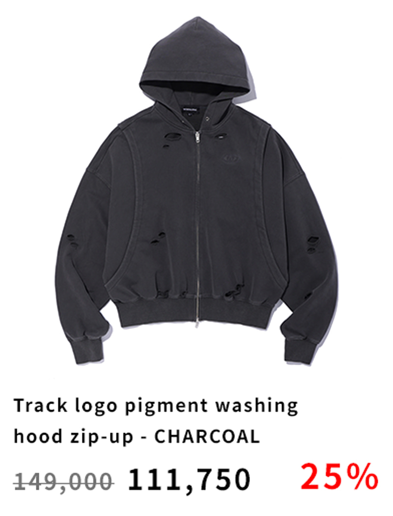 Track logo pigment washing hood zip-up - CHARCOAL