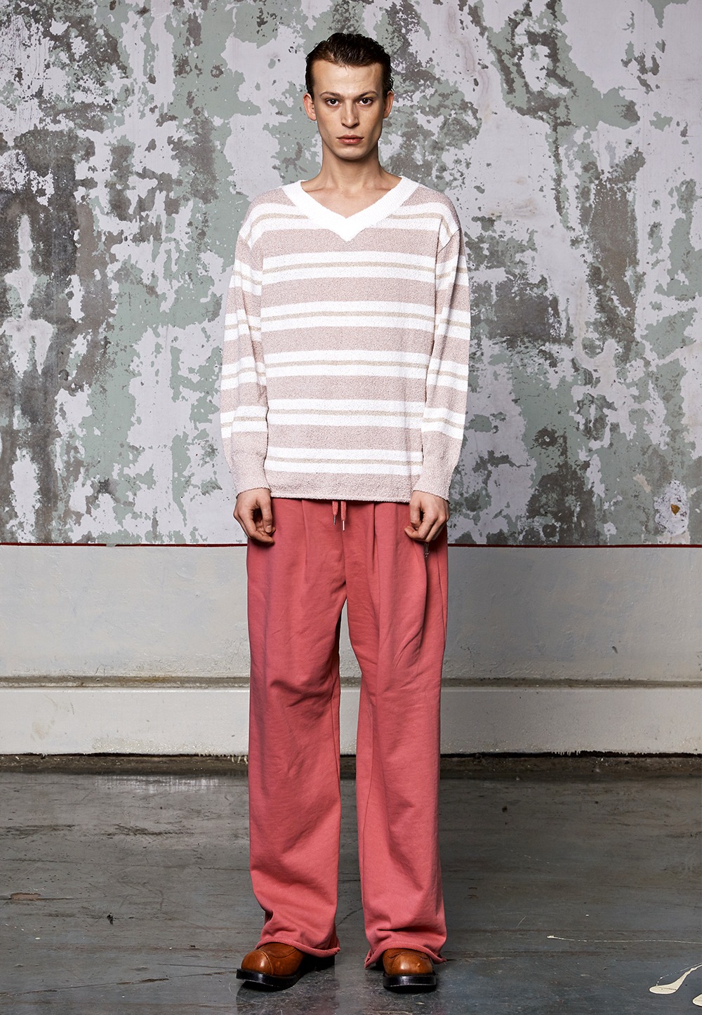 Stripe over fit knit long sleeve - DUSTY PINK